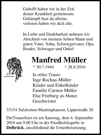 Traueranzeige von Manfred Müller von Tageszeitung