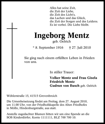 Traueranzeige von Ingeborg Mentz von Tageszeitung