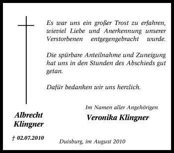 Traueranzeige von Albrecht Klingner von Tageszeitung