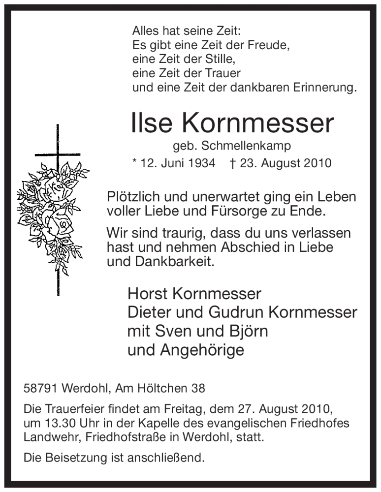  Traueranzeige für Ilse Kornmesser vom 24.08.2010 aus Tageszeitung