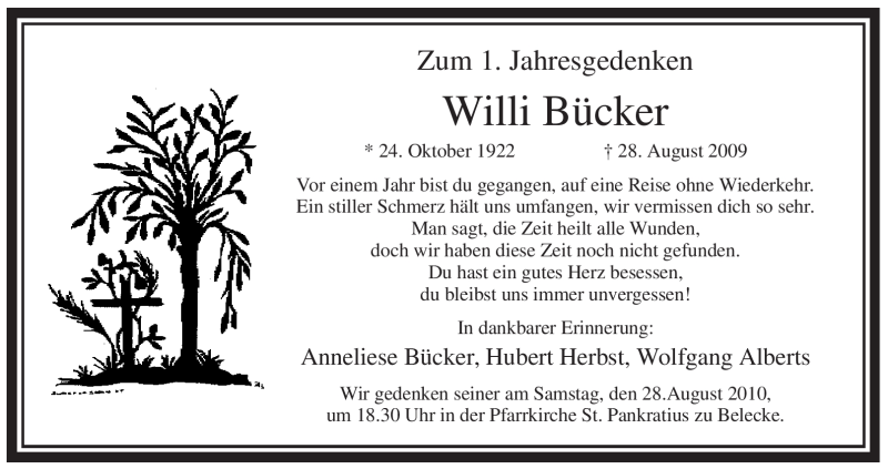  Traueranzeige für Willi Bücker vom 26.08.2010 aus Tageszeitung