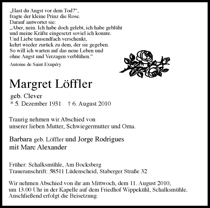  Traueranzeige für Margret Löffler vom 09.08.2010 aus Tageszeitung