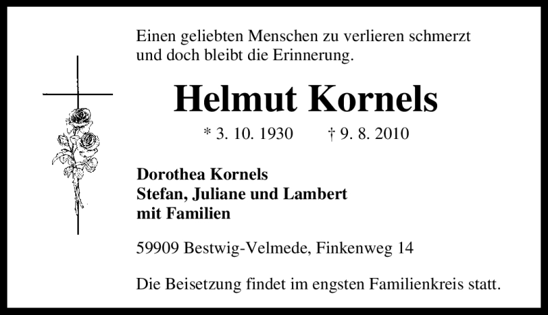  Traueranzeige für Helmut Kornels vom 13.08.2010 aus Tageszeitung