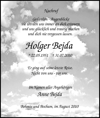 Traueranzeige von Holger Bejda von Tageszeitung