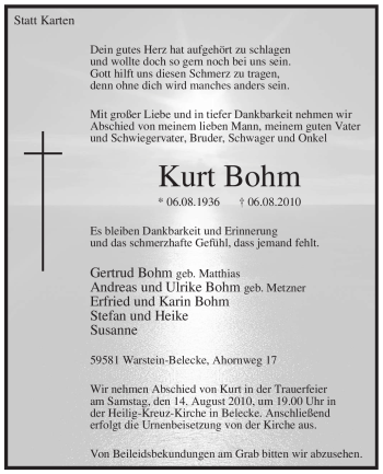 Traueranzeige von Kurt Bohm von Tageszeitung