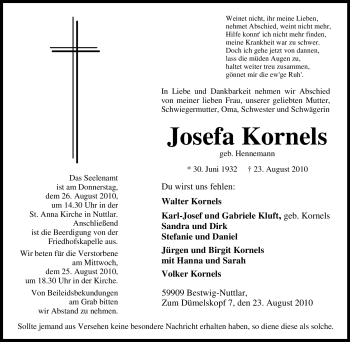 Traueranzeige von Josefa Kornels von Tageszeitung