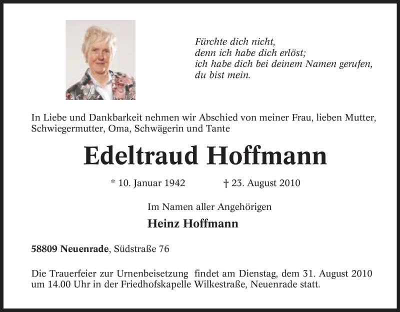  Traueranzeige für Edeltraud Hoffmann vom 28.08.2010 aus Tageszeitung