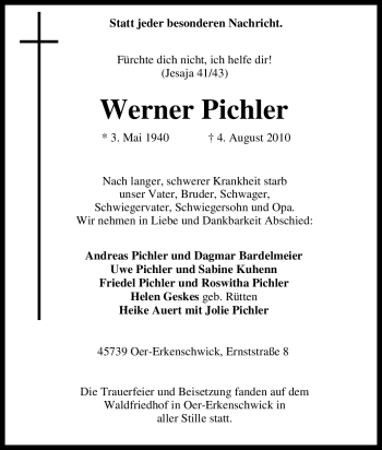 Traueranzeige von Werner Pichler von Tageszeitung