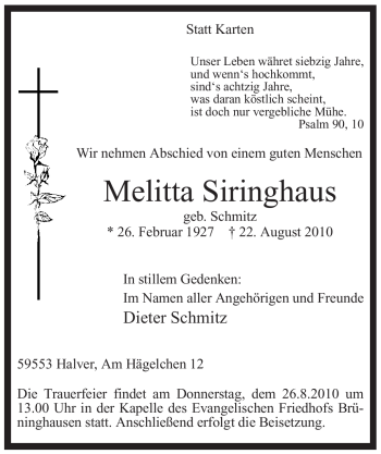 Traueranzeige von Melitta Siringhaus von Tageszeitung