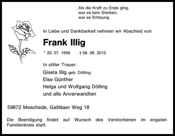 Traueranzeige von Frank Illig von Tageszeitung