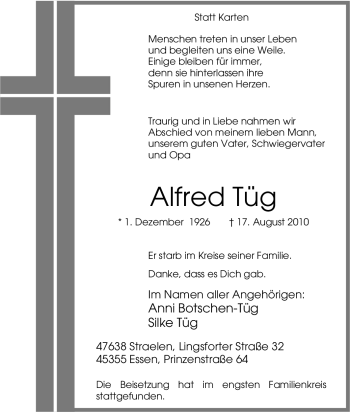 Traueranzeige von Alfred Tüg von Tageszeitung