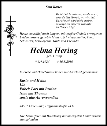 Traueranzeige von Helma Hering von Tageszeitung