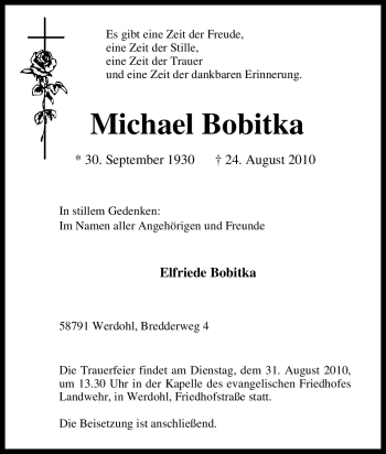 Traueranzeige von Michael Bobitka von Tageszeitung