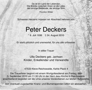 Traueranzeige von Peter Deckers von Tageszeitung