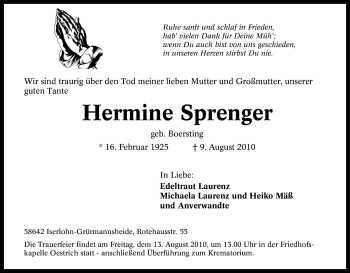 Traueranzeige von Hermine Sprenger von Tageszeitung