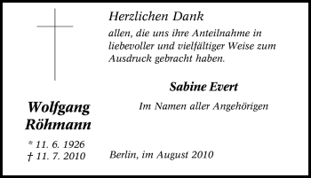 Traueranzeige von Wolfgang Röhmann von Tageszeitung
