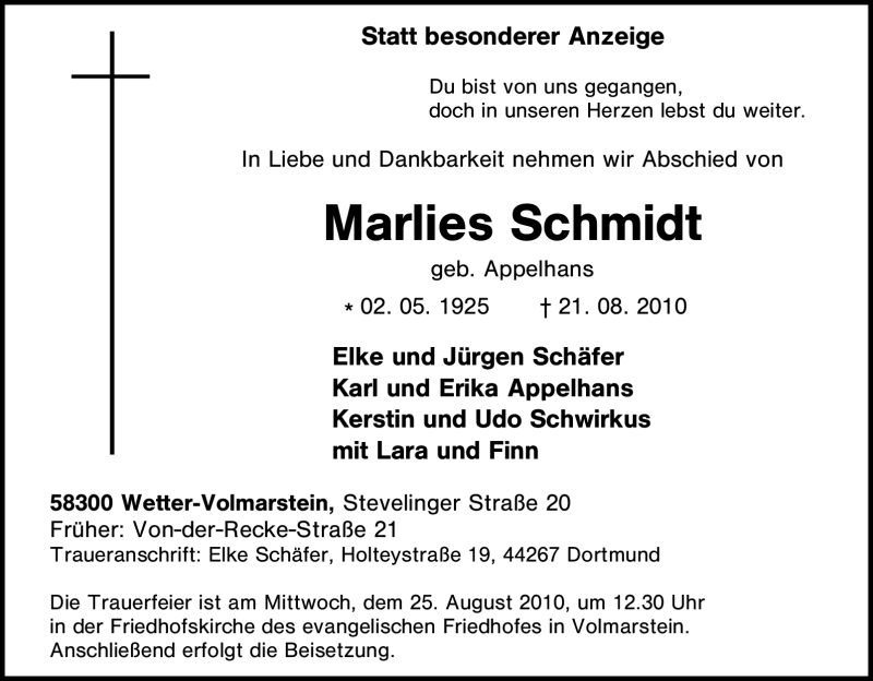 Traueranzeigen von Marlies Schmidt | Trauer-in-NRW.de