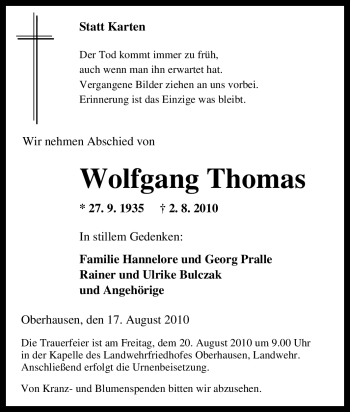 Traueranzeige von Wolfgang Thomas von Tageszeitung