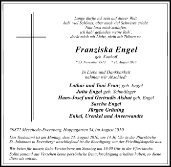 Traueranzeige von Franziska Engel von Tageszeitung