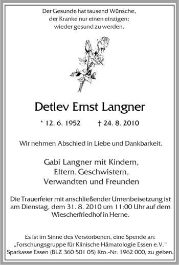 Traueranzeige von Detlev Ernst Langner von Tageszeitung