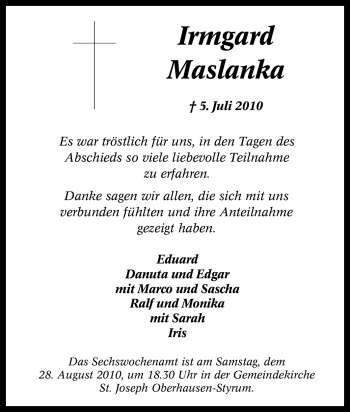 Traueranzeige von Irmgard Maslanka von Tageszeitung
