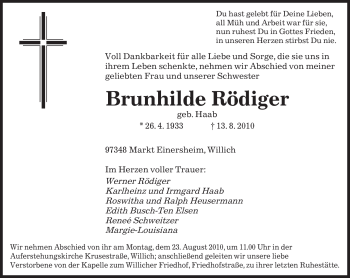 Traueranzeige von Brunhilde Rödiger von Tageszeitung