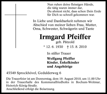 Traueranzeige von Irmgard Pfeiffer von Tageszeitung