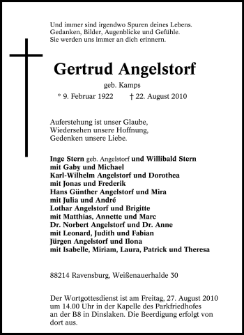 Traueranzeige von Gertrud Angelstorf von Tageszeitung