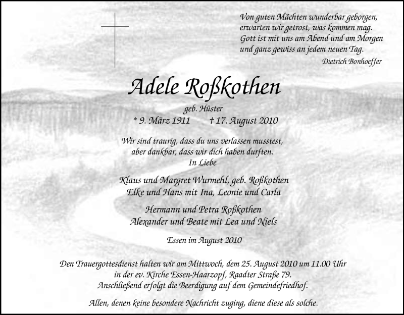  Traueranzeige für Adele Roßkothen vom 21.08.2010 aus Tageszeitung