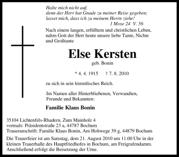 Traueranzeige von Else Kersten von Tageszeitung