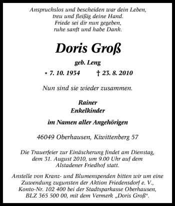 Traueranzeige von Doris Groß von Tageszeitung