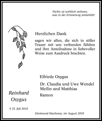 Traueranzeige von Reinhard Osygus von Tageszeitung