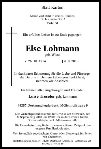 Traueranzeige von Else Lohmann von Tageszeitung
