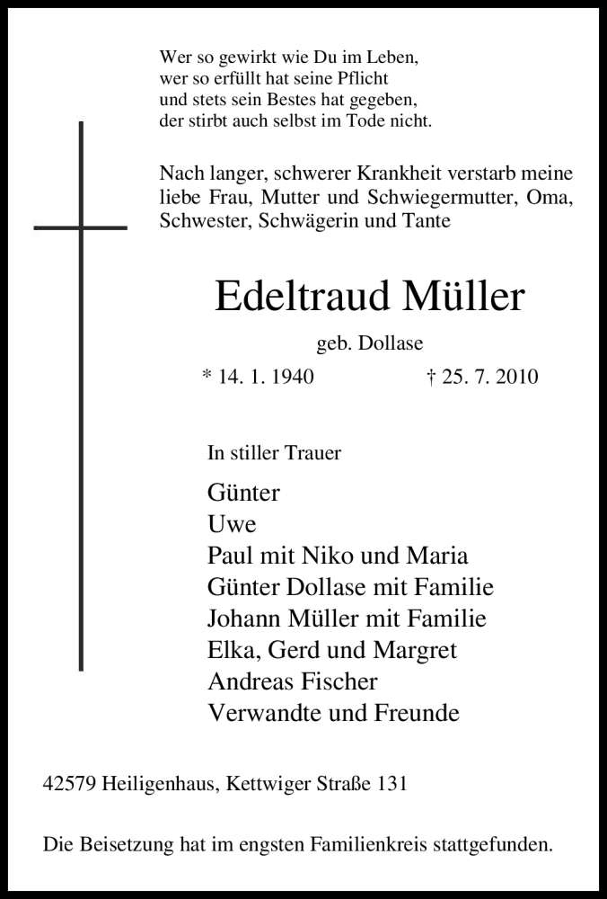 Traueranzeige für Edeltraud Müller vom 13.08.2010 aus Tageszeitung