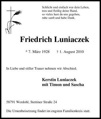 Traueranzeige von Friedrich Luniaczek von Tageszeitung