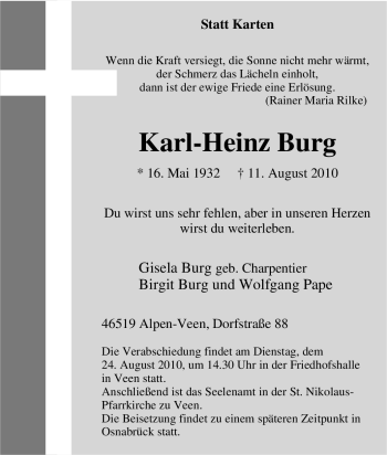 Traueranzeige von Karl-Heinz Burg von Tageszeitung