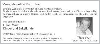 Traueranzeige von Theo Wulf von Tageszeitung