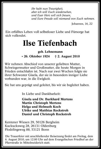 Traueranzeige von Ilse Tiefenbach von Tageszeitung