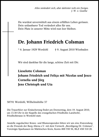 Traueranzeige von Johann Friedrich Colsman von Tageszeitung