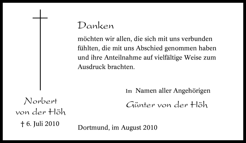  Traueranzeige für Norbert von der Höh vom 21.08.2010 aus Tageszeitung