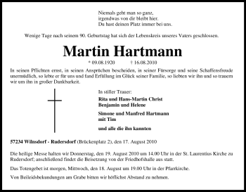 Traueranzeige von Martin Hartmann von Tageszeitung