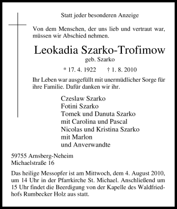 Traueranzeige von Leokadia Szarko-Trofimow von Tageszeitung