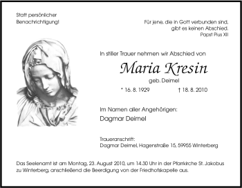 Traueranzeige von Maria Kresin von Tageszeitung