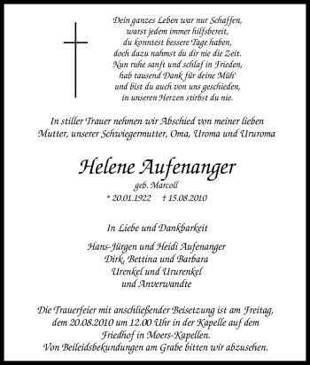 Traueranzeige von Helene Aufenanger von Tageszeitung