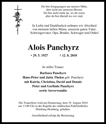 Traueranzeige von Alois Panchyrz von Tageszeitung