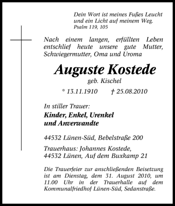 Traueranzeige von Auguste Kostede von Tageszeitung