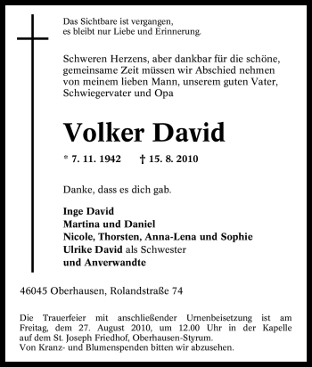 Traueranzeige von Volker David von Tageszeitung
