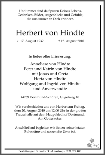 Traueranzeige von Herbert von Hindte von Tageszeitung