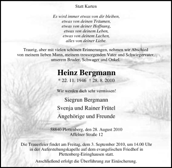 Traueranzeige von Heinz Bergmann von Tageszeitung