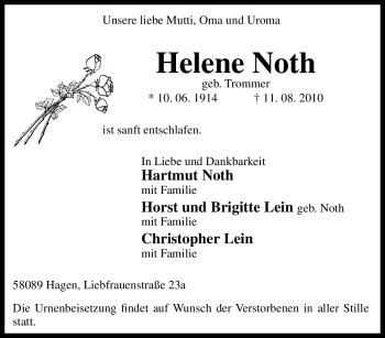 Traueranzeige von Helene Noth von Tageszeitung